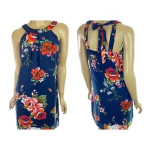 iZ Byer Sheath Dress Sz S Navy w Red Flowers Halter Top & Ties at Back Polyester